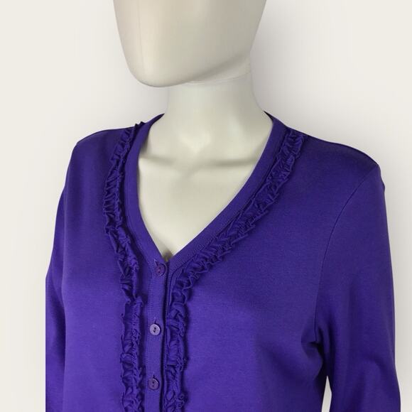 Purple V-Neck Cardigan Button Up with Ruffle Trim 100% Cotton 2 A Tee - Picture 3 of 6